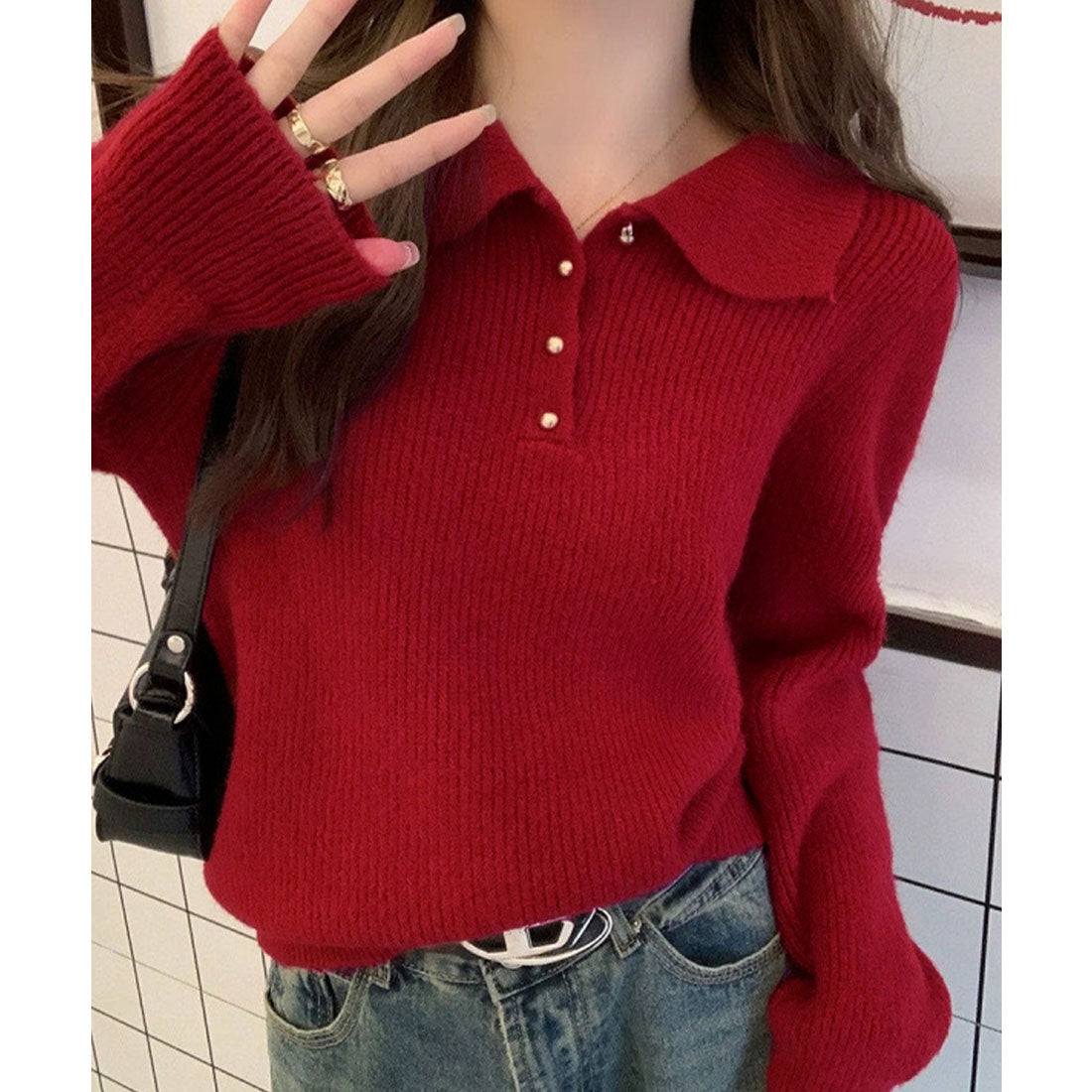 ミニミニストア miniministore ポロカラーニットトップス ゴールドボタン (ワインレッド) ワインレッド