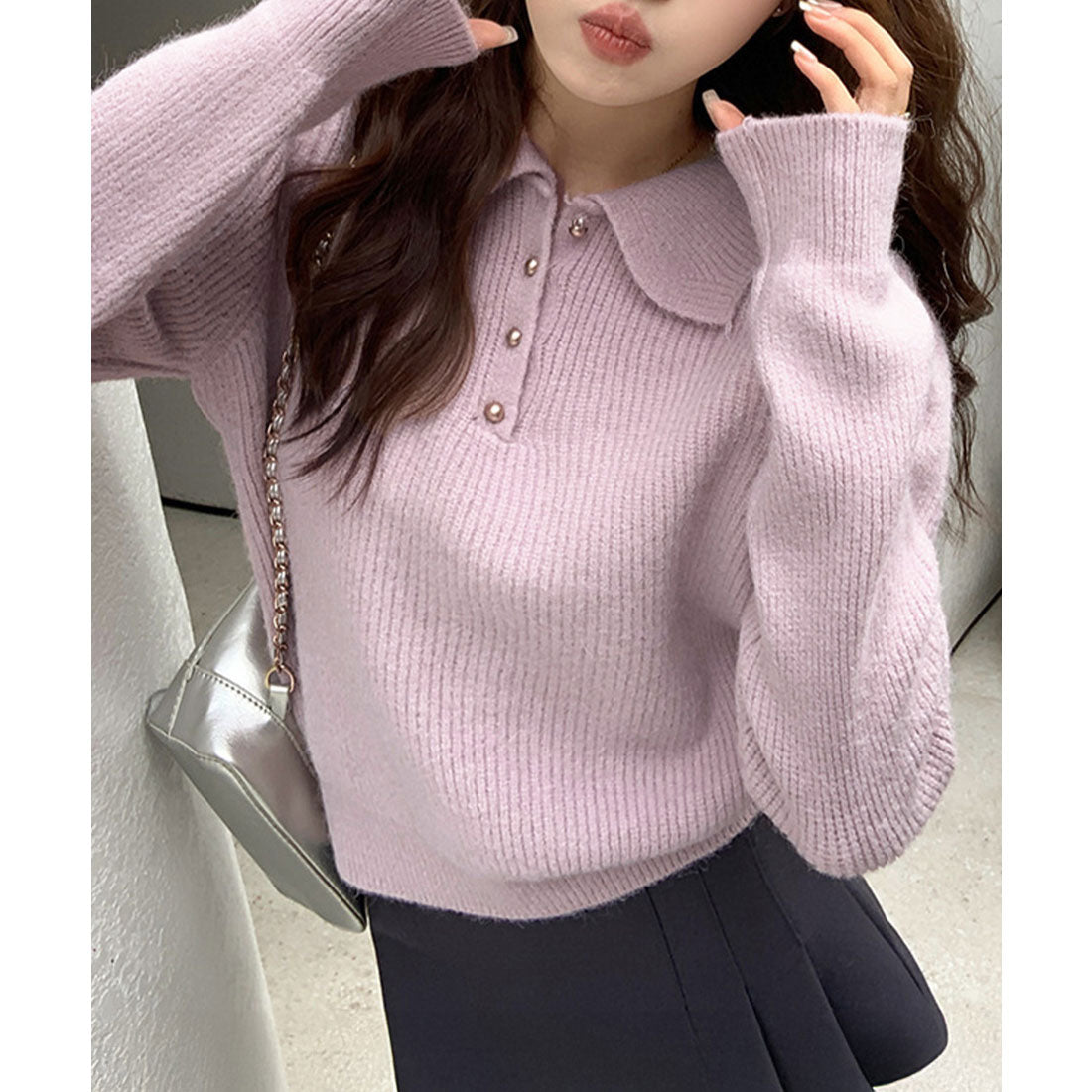 ミニミニストア miniministore ポロカラーニットトップス ゴールドボタン (ワインレッド) ワインレッド