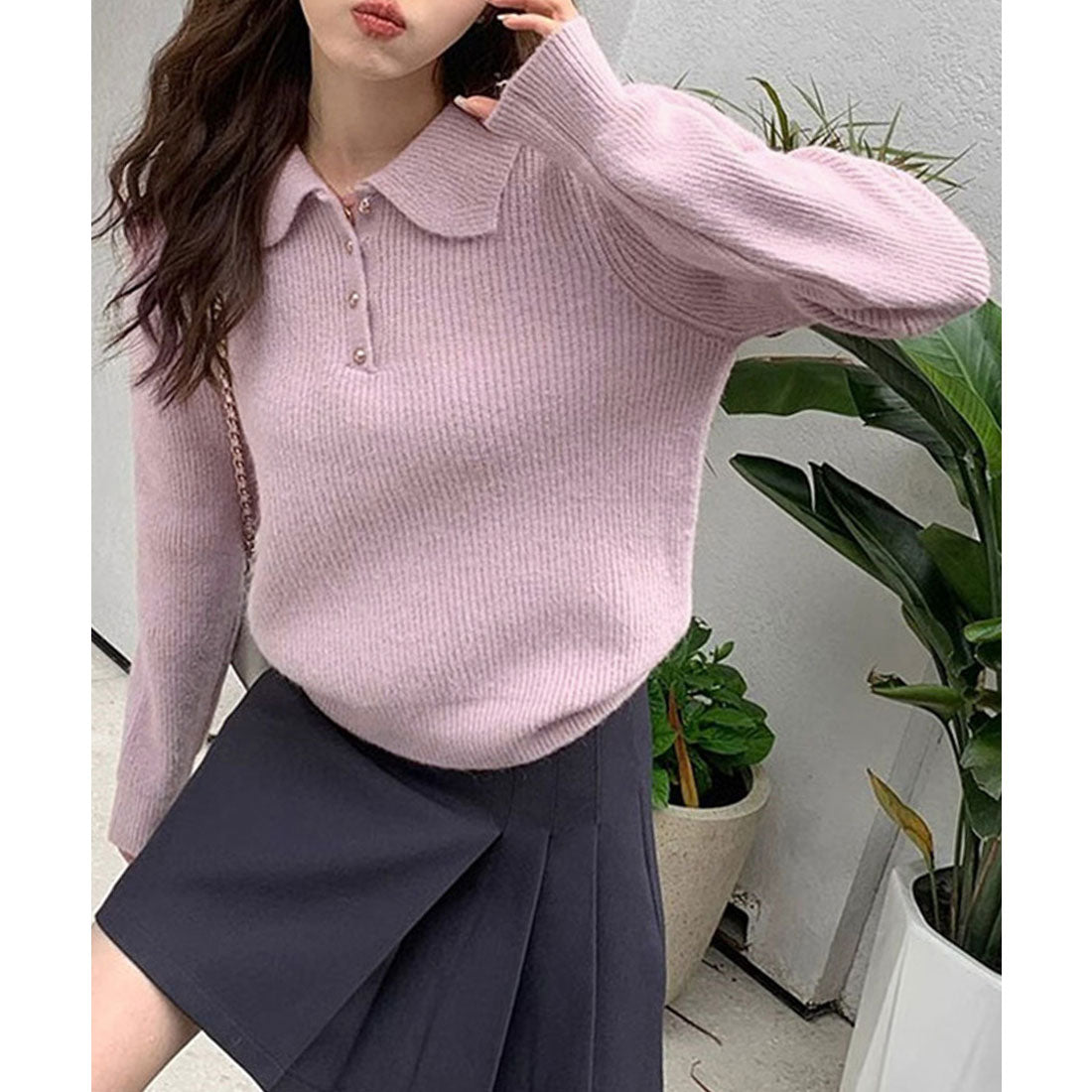 ミニミニストア miniministore ポロカラーニットトップス ゴールドボタン (ワインレッド) ワインレッド