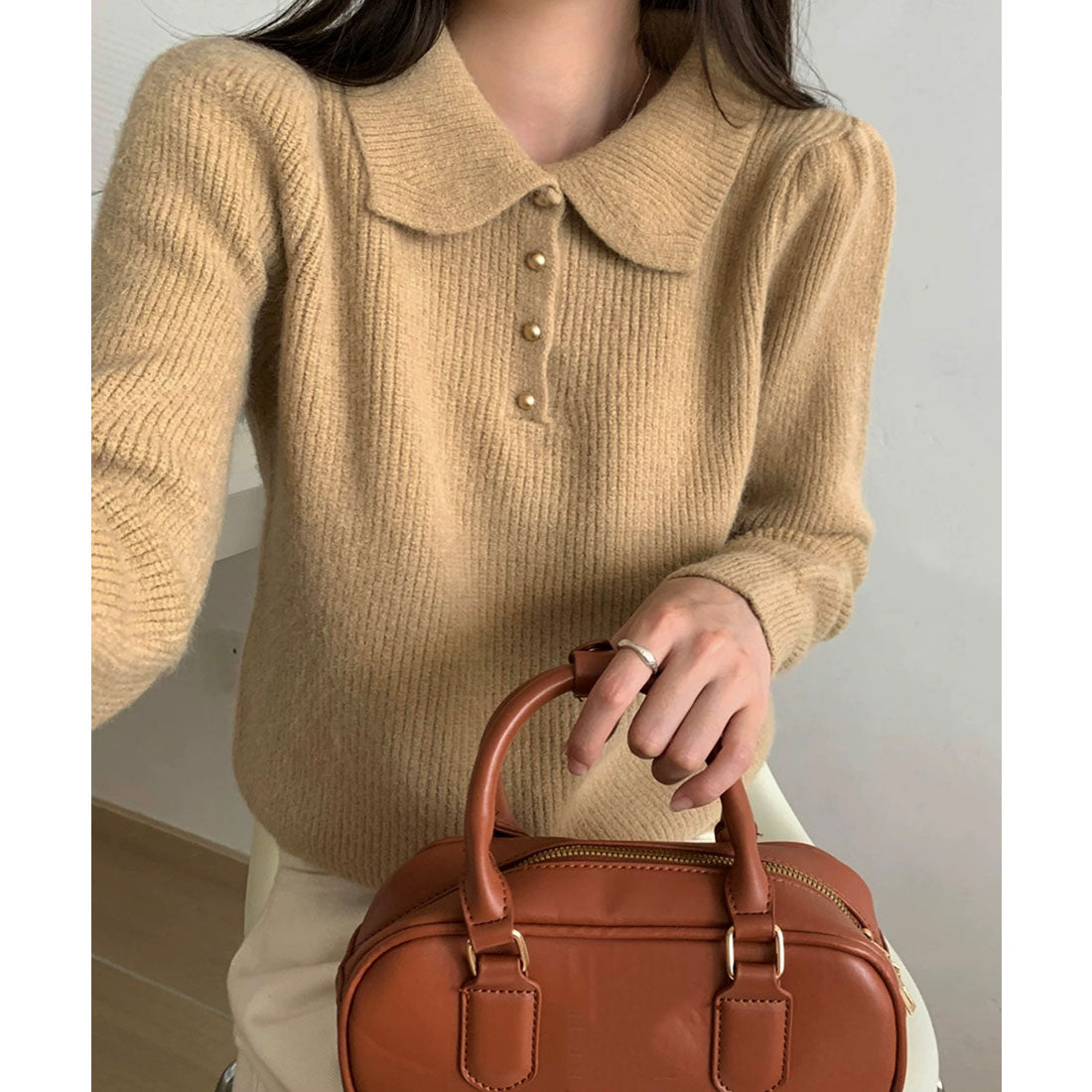 ミニミニストア miniministore ポロカラーニットトップス ゴールドボタン (ベージュ) ベージュ