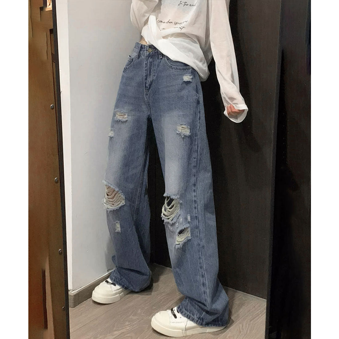ミニミニストア miniministore ダメージデニムパンツ ワイドレッグデニム (ダークブルー) ダークブルー