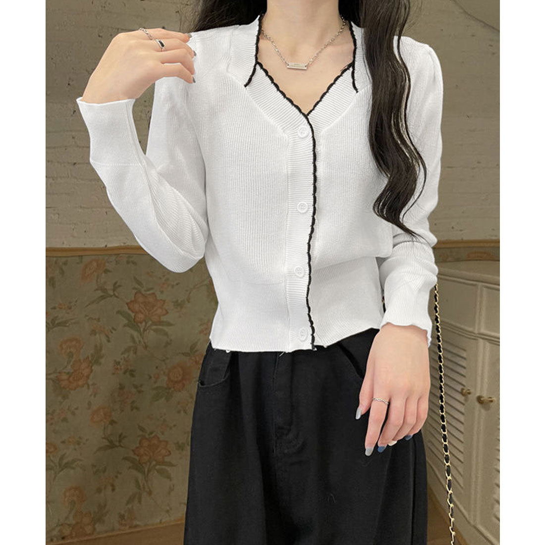 ミニミニストア miniministore ニットトップス レディース Vネック長袖 (ホワイト) ホワイト
