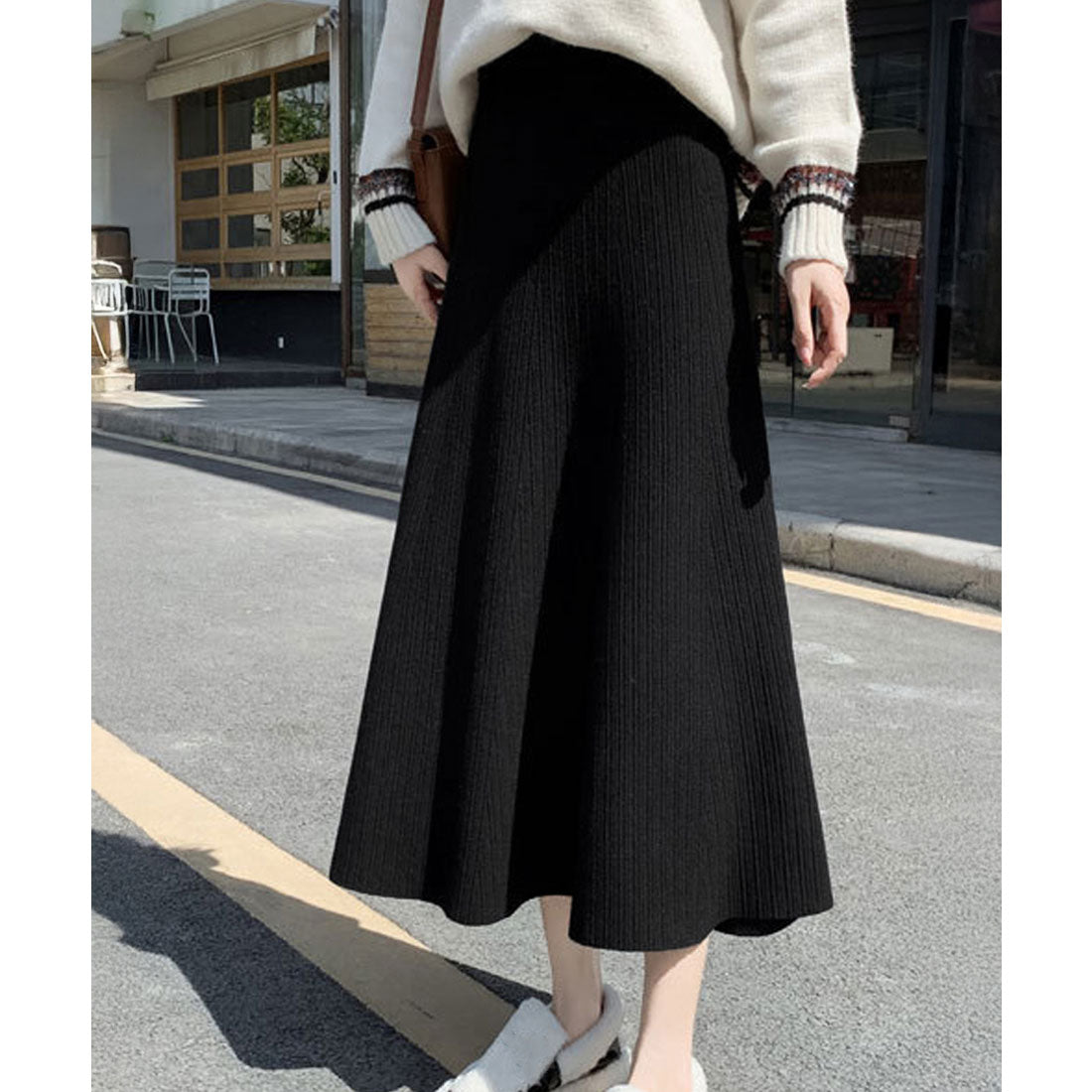 ミニミニストア miniministore フレアニットスカート 着やせ 無地 秋冬 (ブラック) ブラック