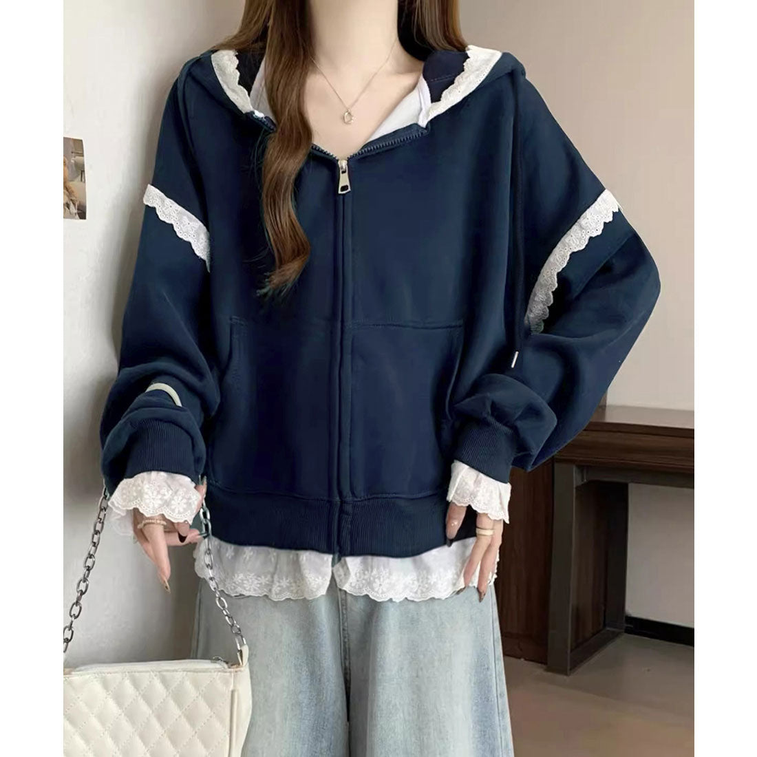 ミニミニストア miniministore パーカー レース切り替え 韓国風 ZIP (ネイビー) ネイビー