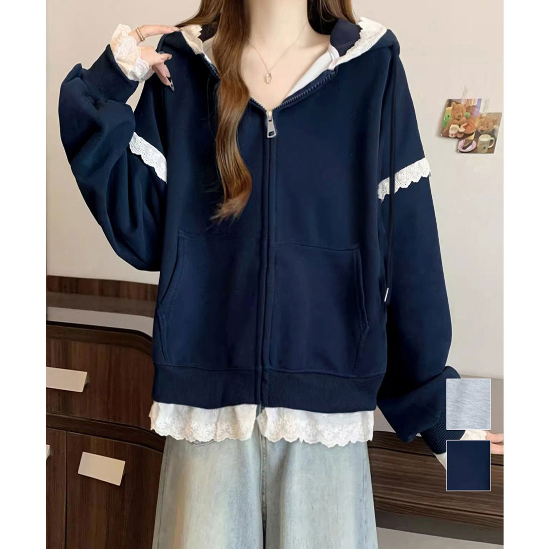 ミニミニストア miniministore パーカー レース切り替え 韓国風 ZIP (ネイビー) ネイビー