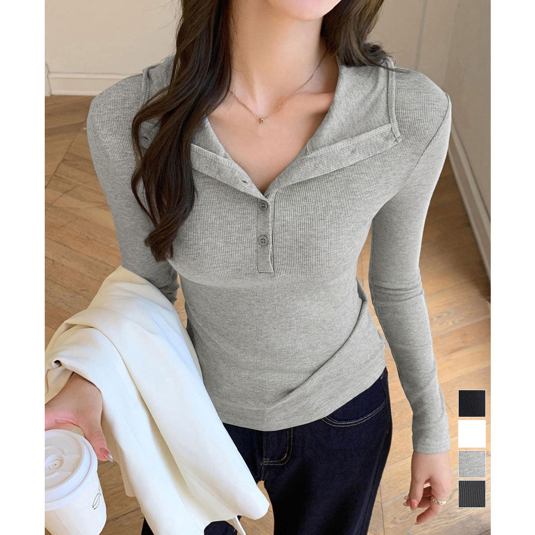 ミニミニストア miniministore フード付きリブカットソーレディース長袖T (ライトグレー) ライトグレー