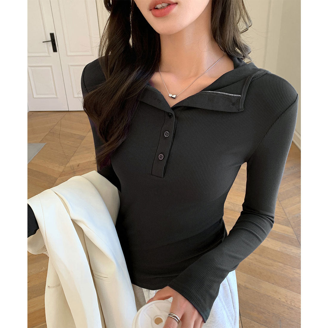 ミニミニストア miniministore フード付きリブカットソーレディース長袖T (チャコールグレー) ?チャコールグレー