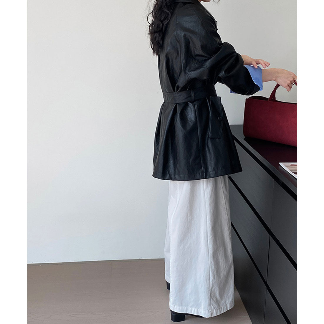 ミニミニストア miniministore エコレザーロングジャケット韓国風アウター (ブラック) ブラック