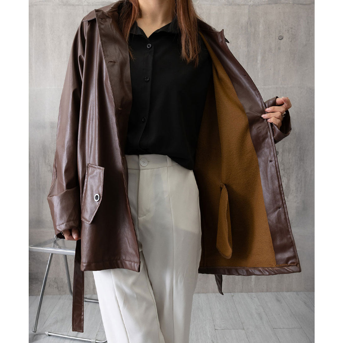 ミニミニストア miniministore エコレザーロングジャケット韓国風アウター (ブラック) ブラック