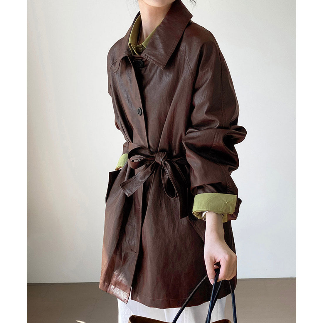 ミニミニストア miniministore エコレザーロングジャケット韓国風アウター (ブラウン) ブラウン