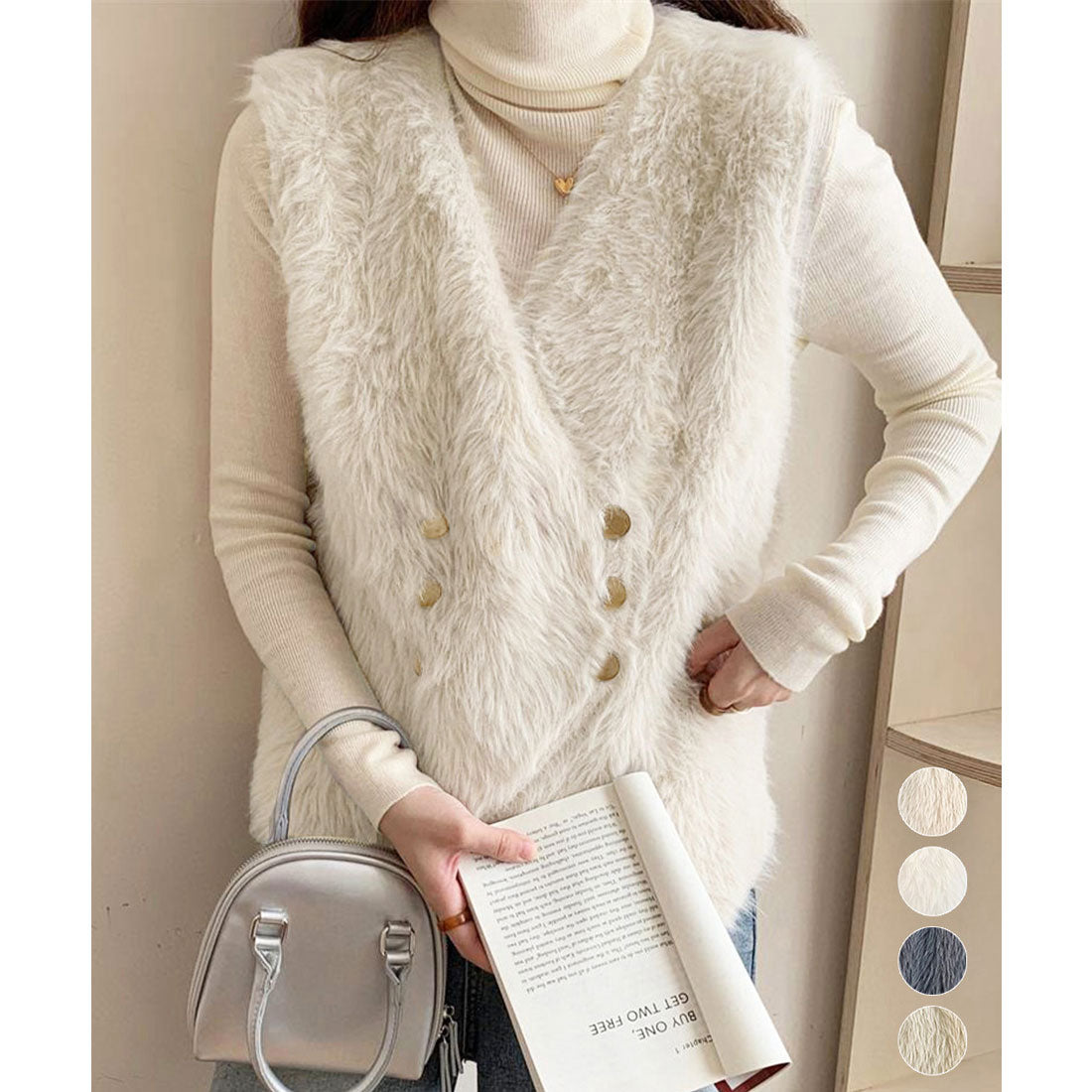 ミニミニストア miniministore ふわふわファーベストVネックニットベスト (ベージュ) ベージュ