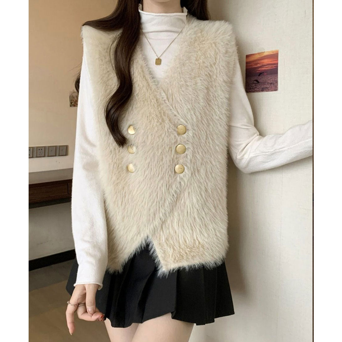 ミニミニストア miniministore ふわふわファーベストVネックニットベスト (ベージュ) ベージュ