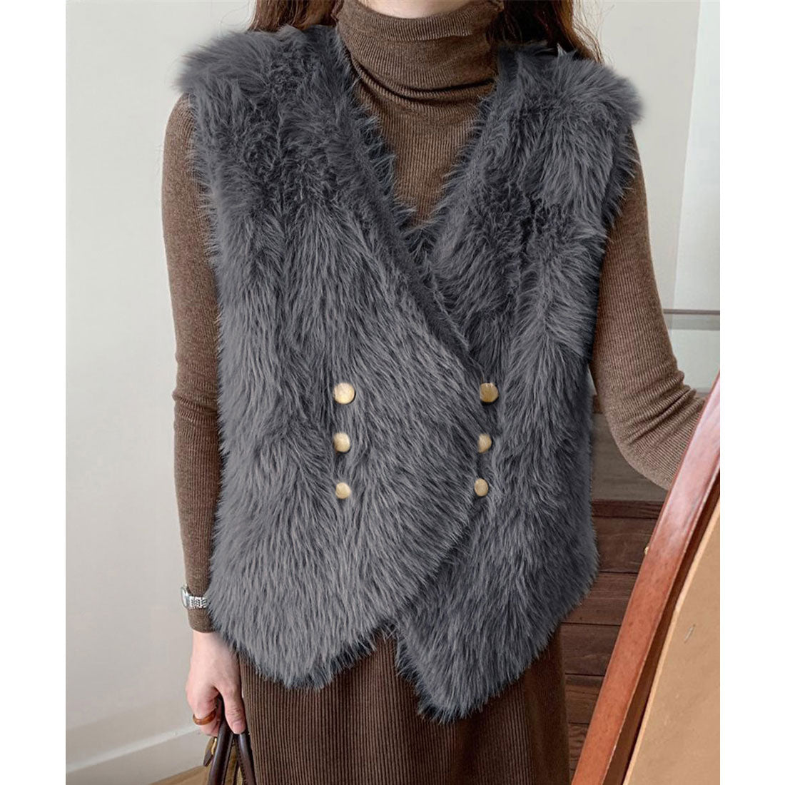 ミニミニストア miniministore ふわふわファーベストVネックニットベスト (ダークグレー) ダークグレー