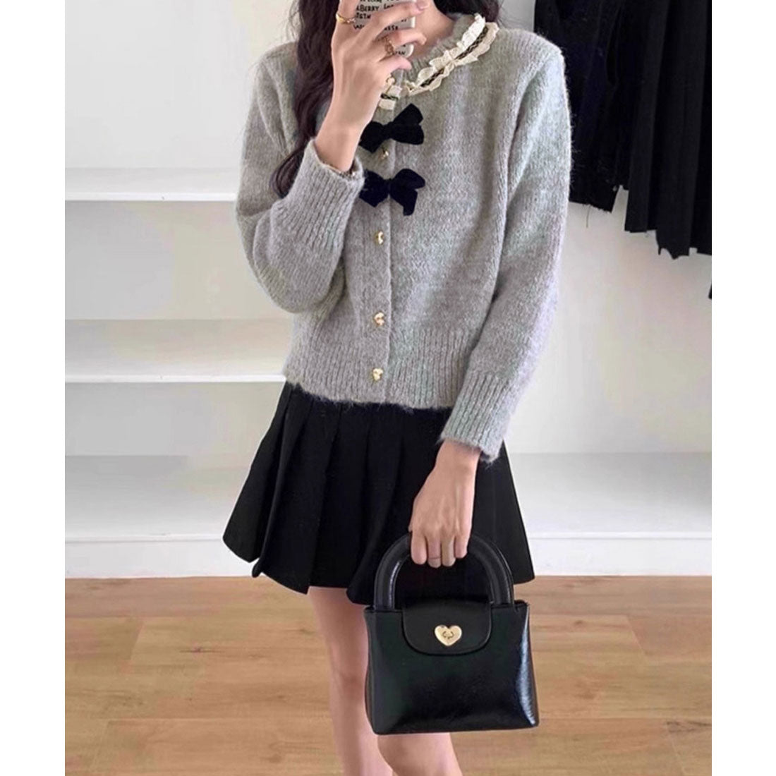 ミニミニストア miniministore 襟レースニットカーディガンリボントップス (グレー) グレー