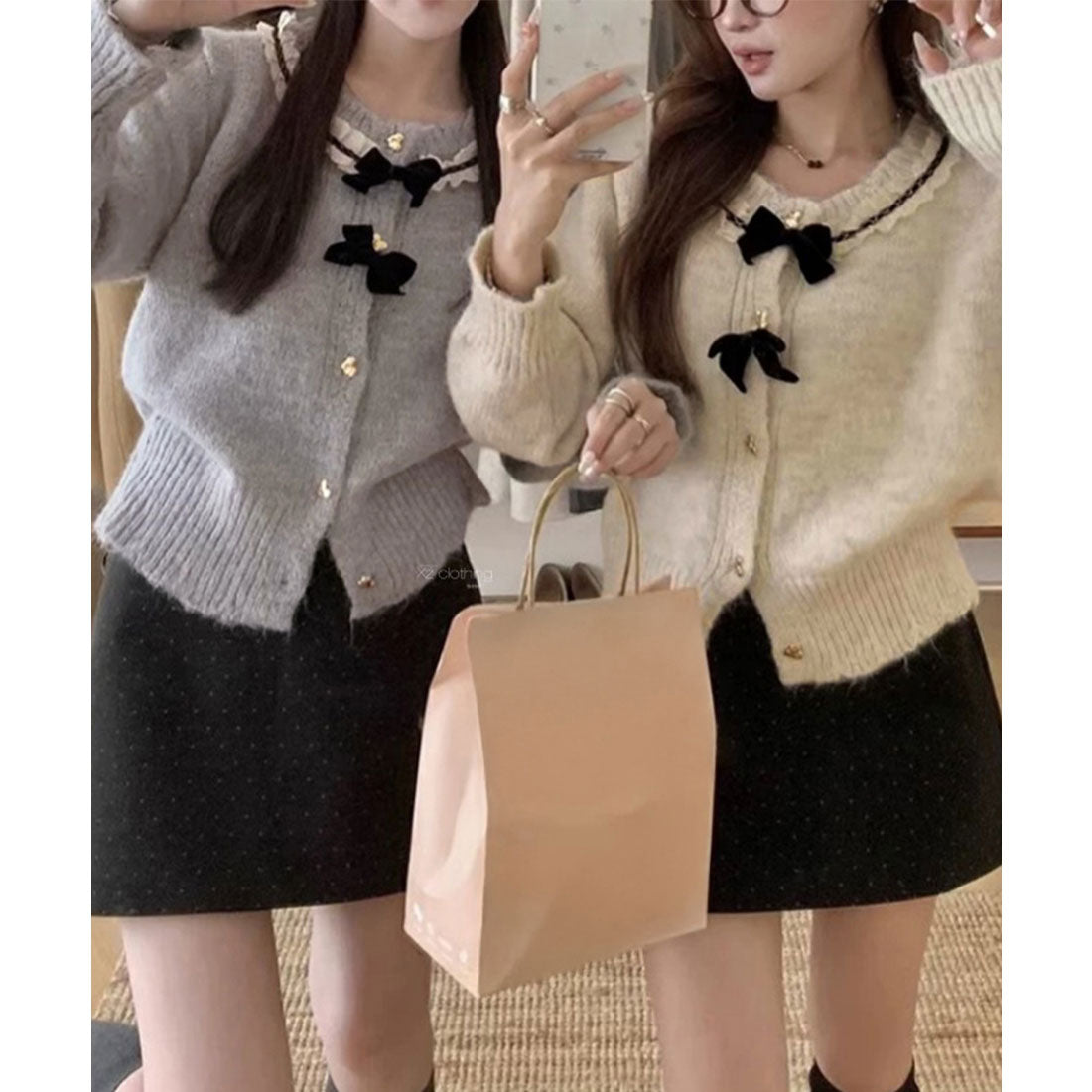 ミニミニストア miniministore 襟レースニットカーディガンリボントップス (グレー) グレー