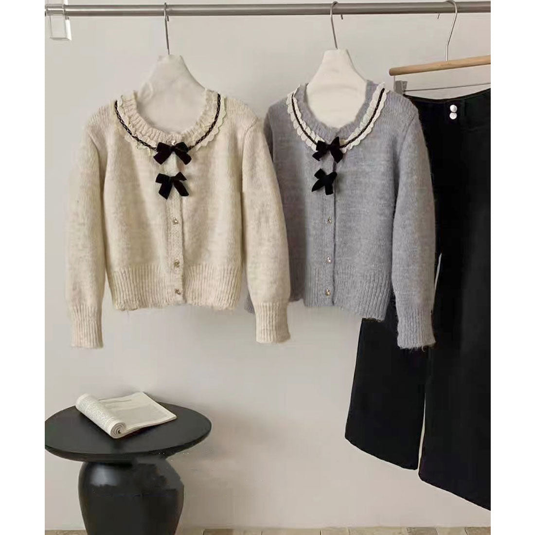 ミニミニストア miniministore 襟レースニットカーディガンリボントップス (グレー) グレー