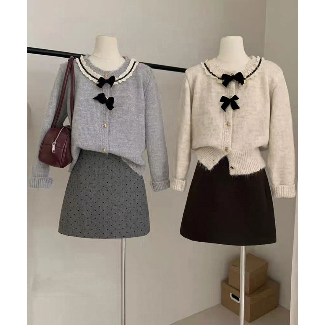 ミニミニストア miniministore 襟レースニットカーディガンリボントップス (グレー) グレー