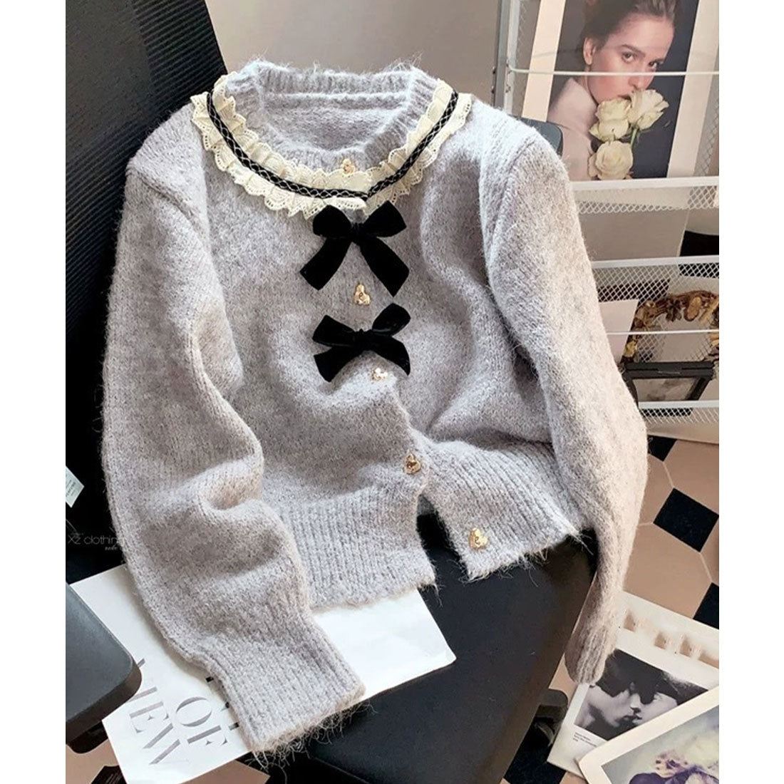 ミニミニストア miniministore 襟レースニットカーディガンリボントップス (グレー) グレー