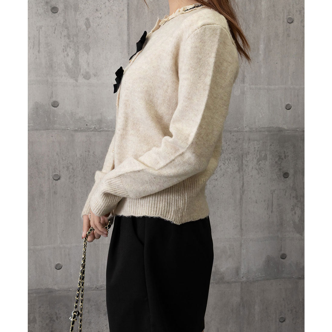 ミニミニストア miniministore 襟レースニットカーディガンリボントップス (グレー) グレー