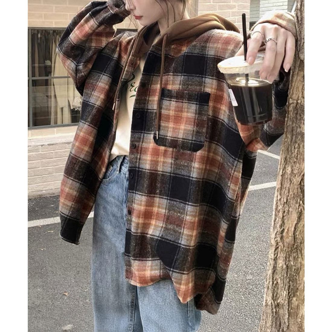 ミニミニストア miniministore チェックフードシャツ レイヤード風シャツ (ブラウン) ブラウン