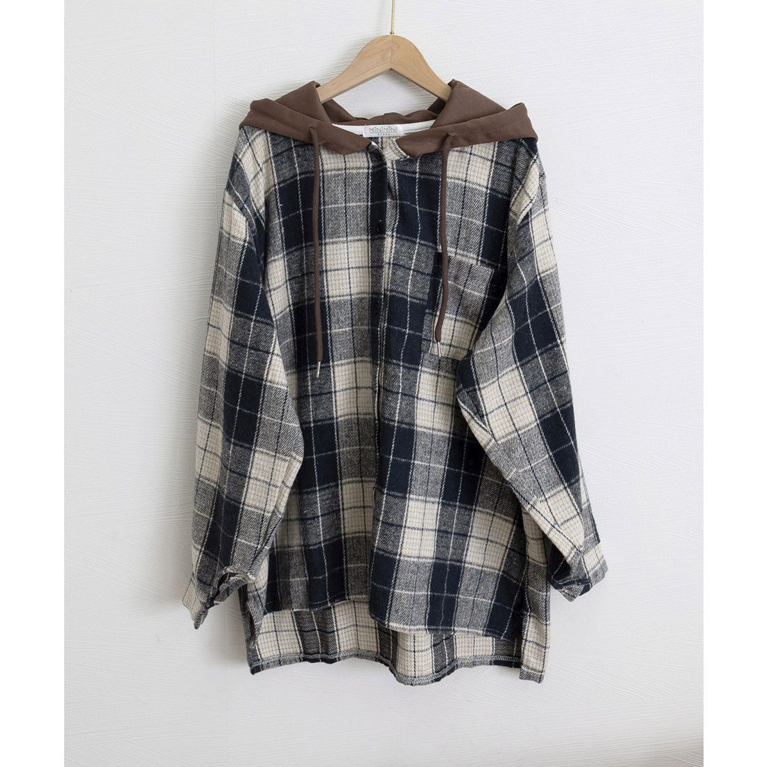 ミニミニストア miniministore チェックフードシャツ レイヤード風シャツ (ブラウン) ブラウン