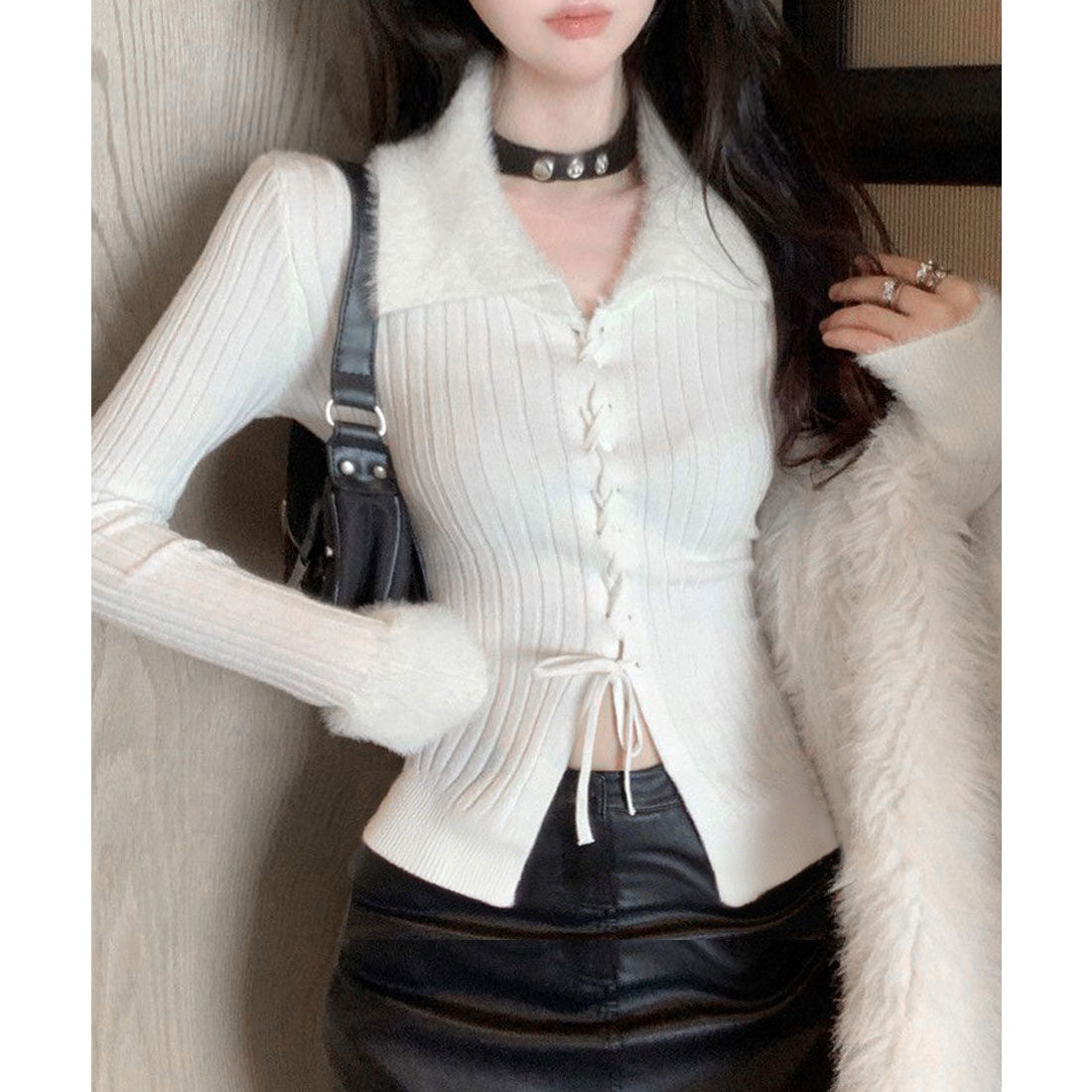 ミニミニストア miniministore レースアップ リブニットトップス 着やせ (ホワイト) ホワイト