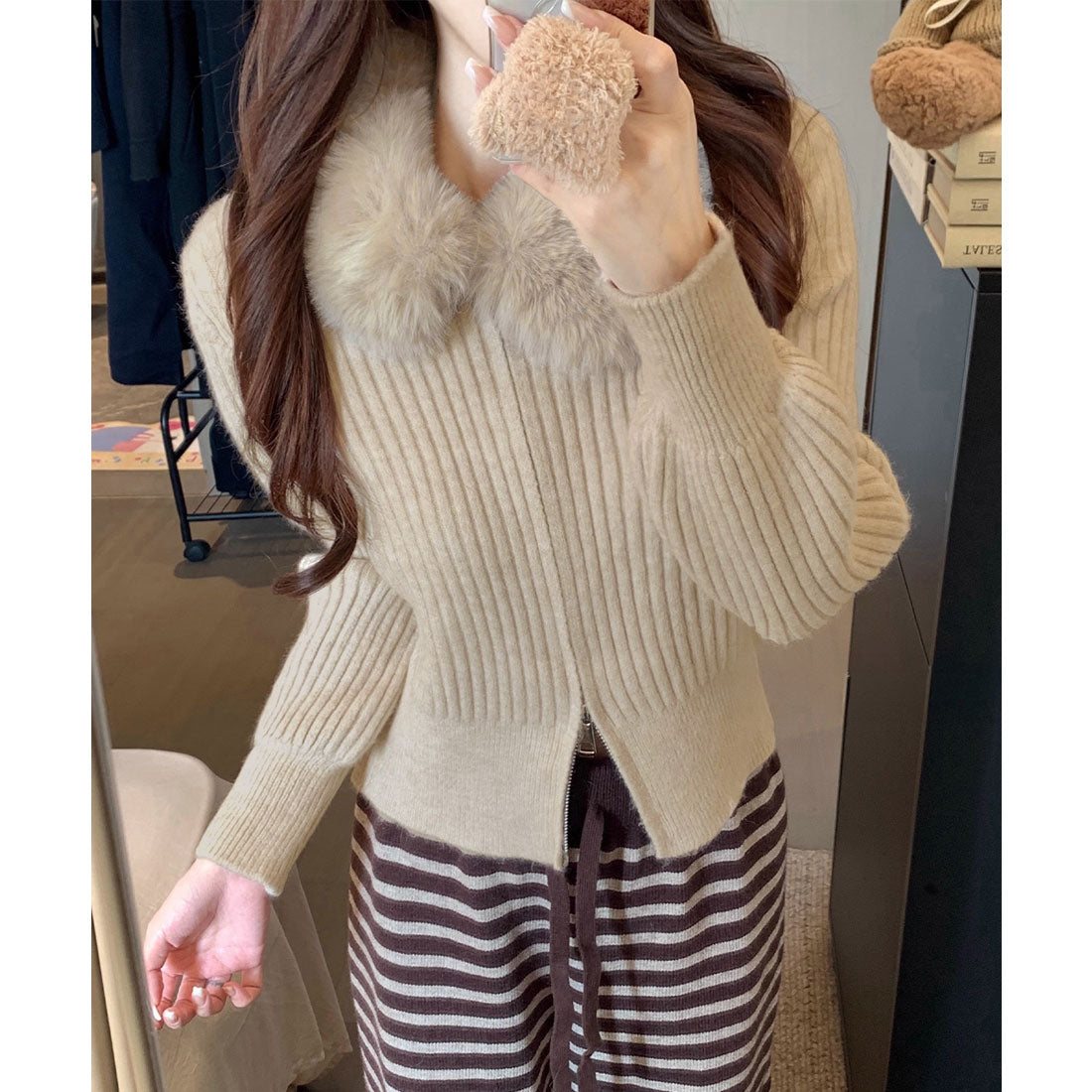 ミニミニストア miniministore ファー襟ニットカーディガン ダブルジップ (ベージュ) ベージュ