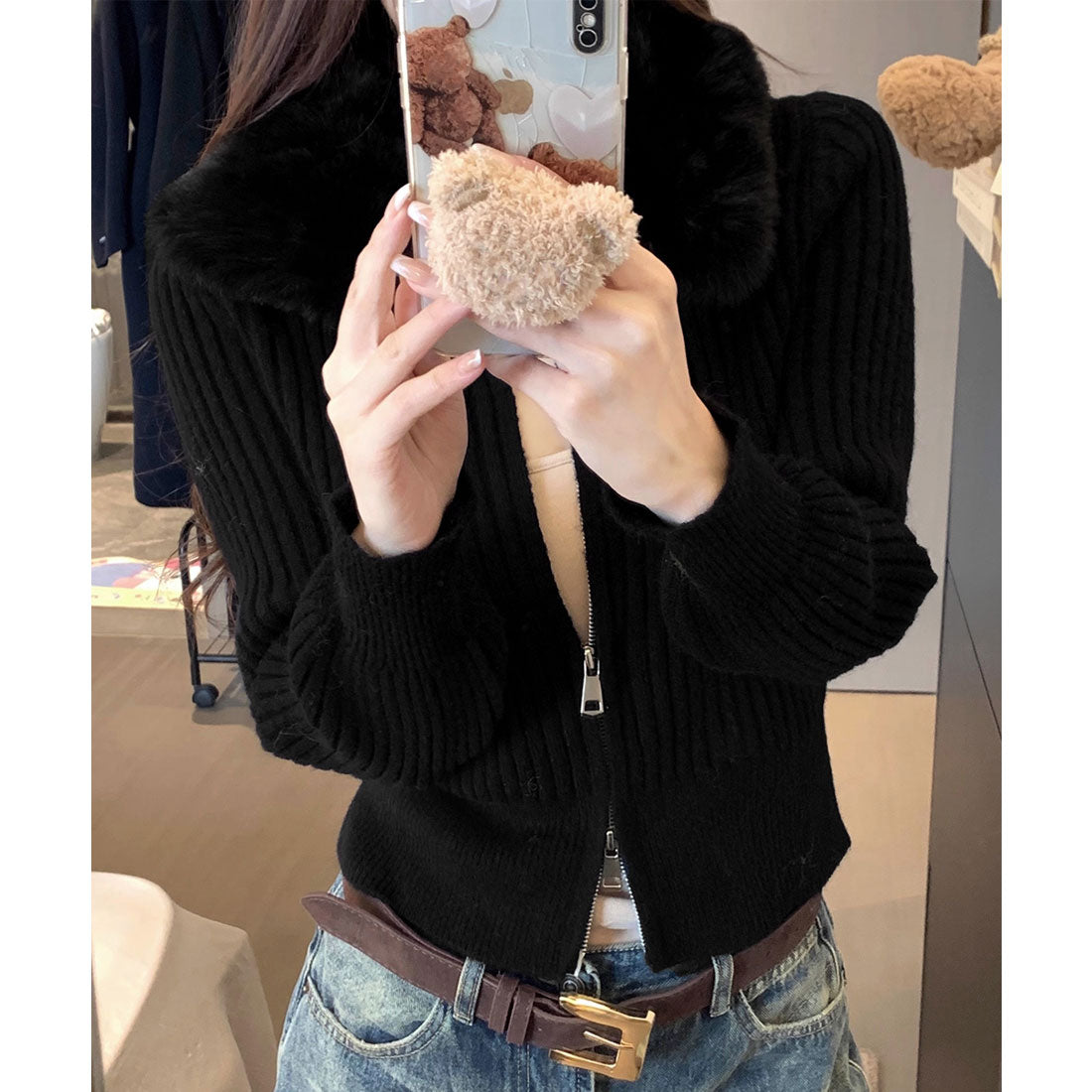 ミニミニストア miniministore ファー襟ニットカーディガン ダブルジップ (ベージュ) ベージュ