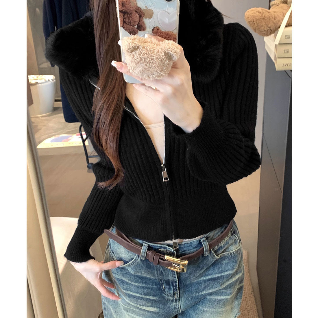 ミニミニストア miniministore ファー襟ニットカーディガン ダブルジップ (ベージュ) ベージュ