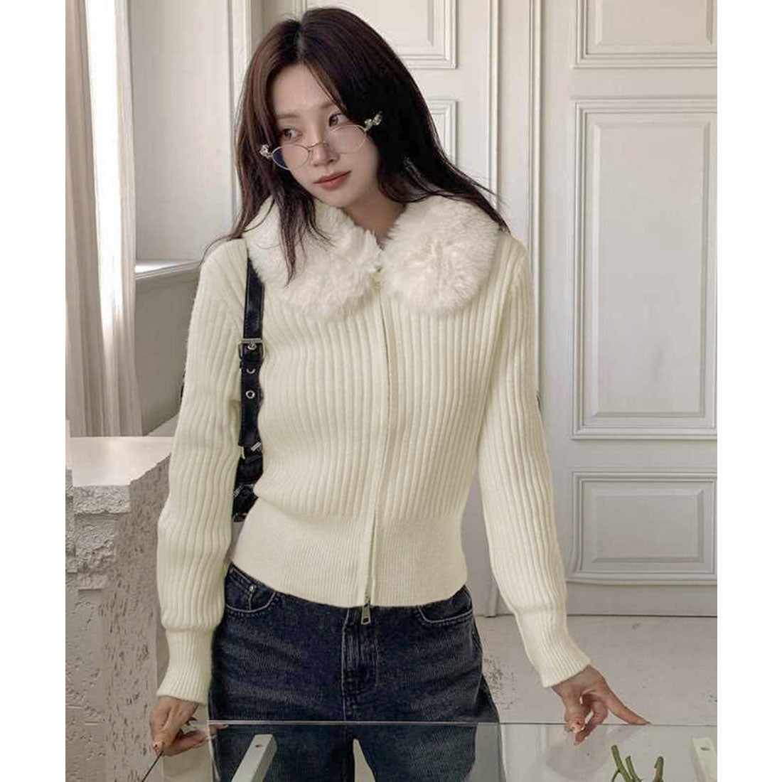 ミニミニストア miniministore ファー襟ニットカーディガン ダブルジップ (ベージュ) ベージュ