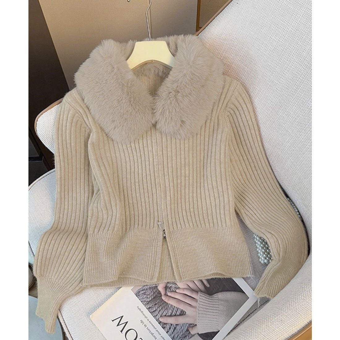 ミニミニストア miniministore ファー襟ニットカーディガン ダブルジップ (ベージュ) ベージュ