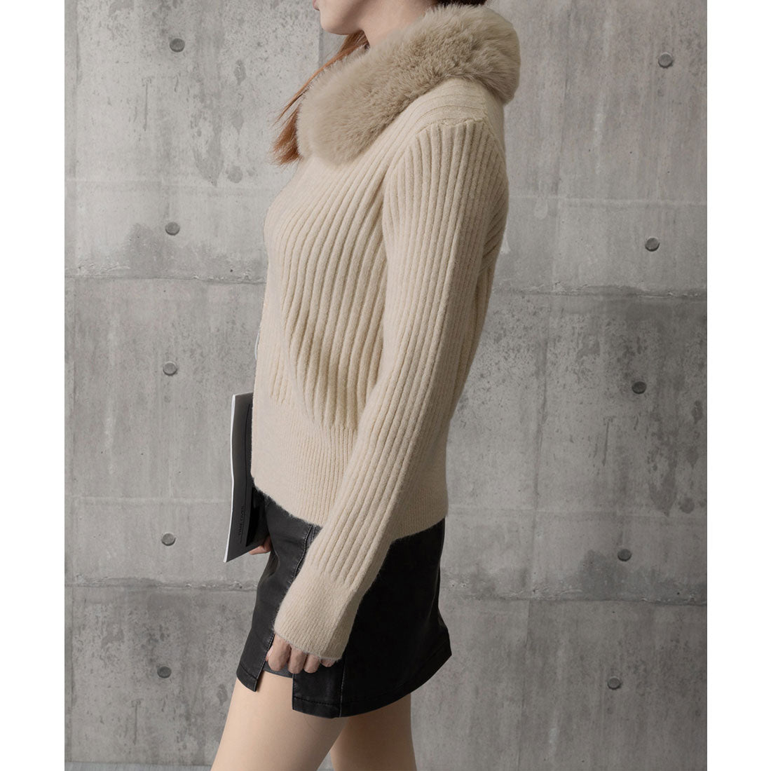 ミニミニストア miniministore ファー襟ニットカーディガン ダブルジップ (ベージュ) ベージュ