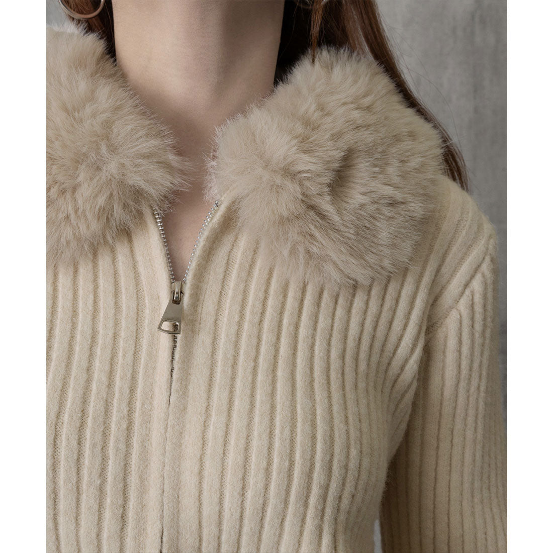 ミニミニストア miniministore ファー襟ニットカーディガン ダブルジップ (ベージュ) ベージュ