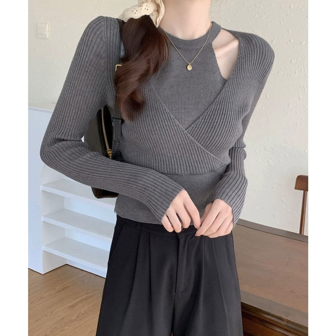 ミニミニストア miniministore ニットトップス 長袖 レイヤード風 秋冬 (ダークグレー) ダークグレー