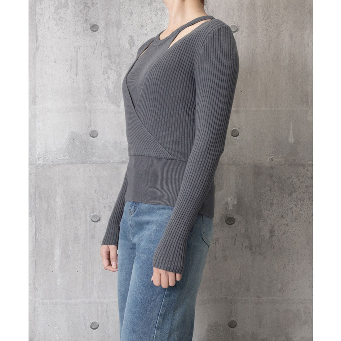 ミニミニストア miniministore ニットトップス 長袖 レイヤード風 秋冬 (ダークグレー) ダークグレー