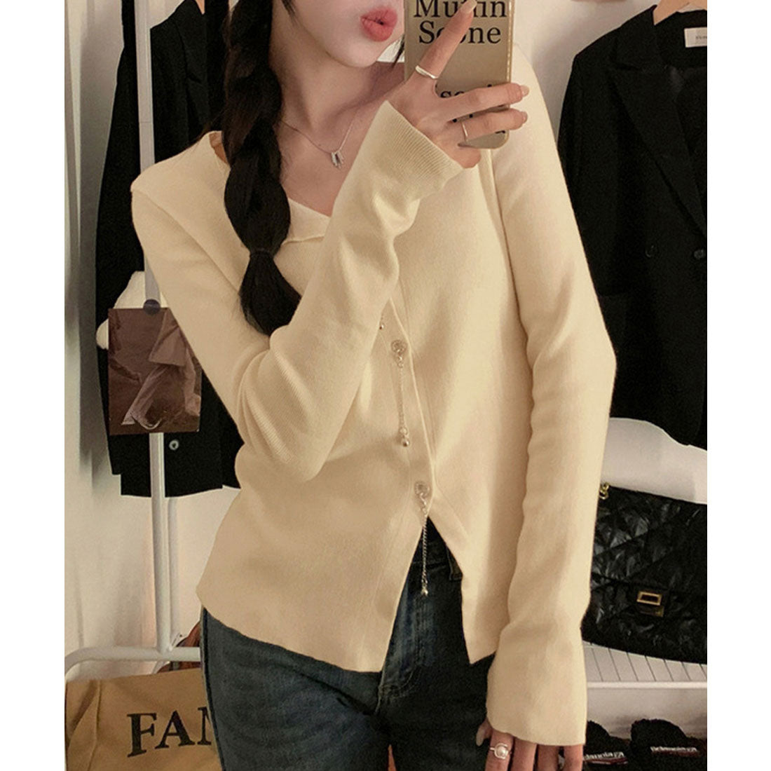 ミニミニストア miniministore ニットトップス レディース Vネック長袖 (アイボリー) アイボリー