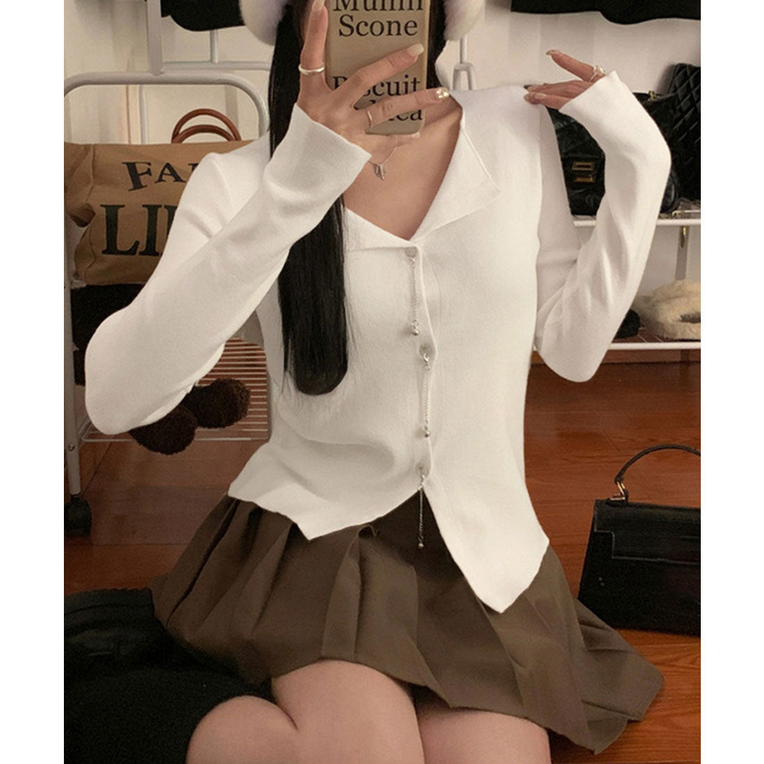 ミニミニストア miniministore ニットトップス レディース Vネック長袖 (ホワイト) ホワイト