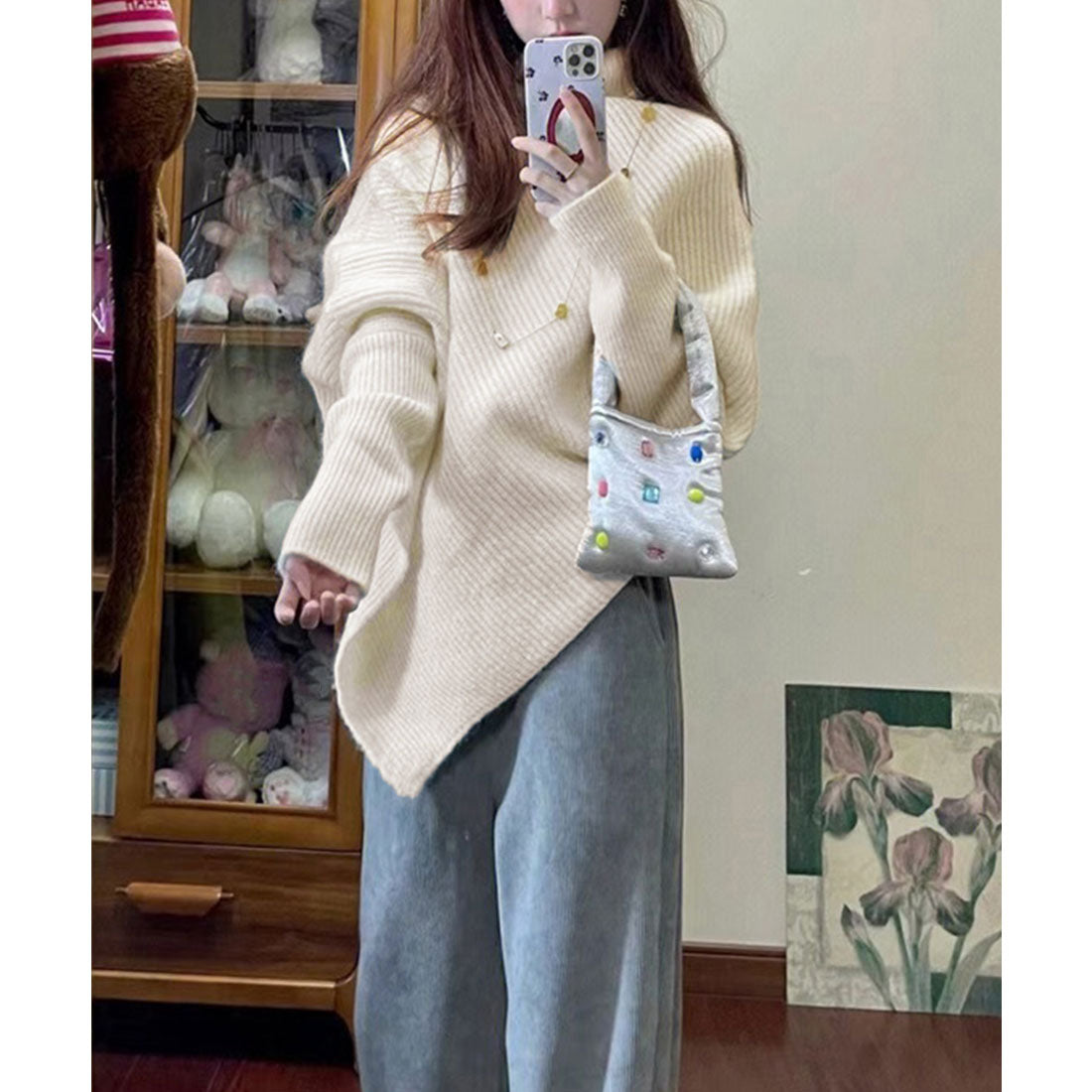 ミニミニストア miniministore ハイネックニットセーター 不規則デザイン (アイボリー) アイボリー