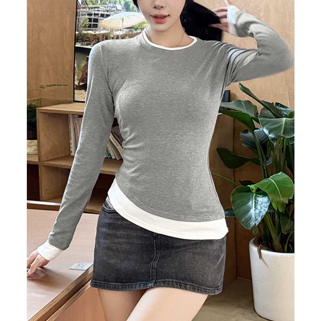 ミニミニストア miniministore 長袖Tシャツ ドッキング 無地カットソー (ブラック) ブラック