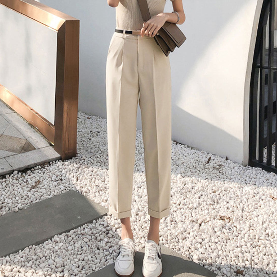 センタープレスパンツ レディース,ベージュ