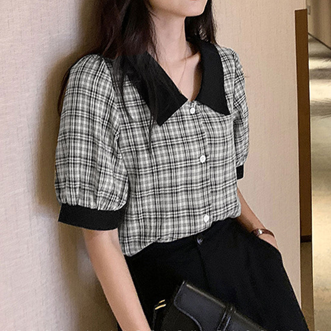 グレンチェック 柄 シャツ ブラウス 夏,ブラック