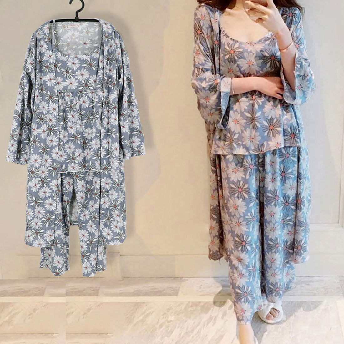 花柄ルームウェア 3点セット レディース,ブルー