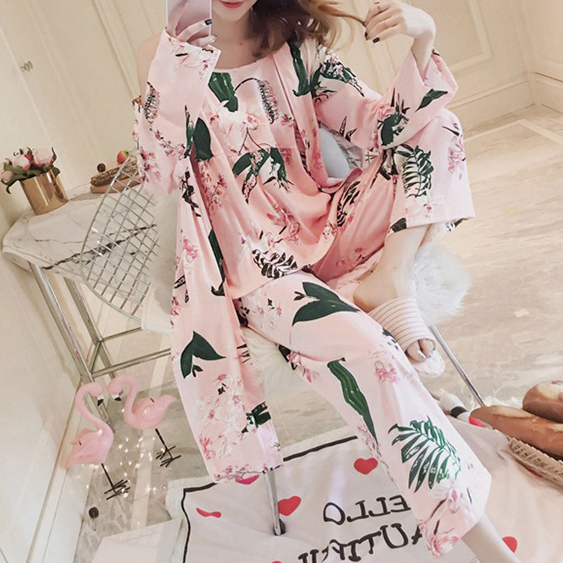 花柄ルームウェア 3点セット レディース