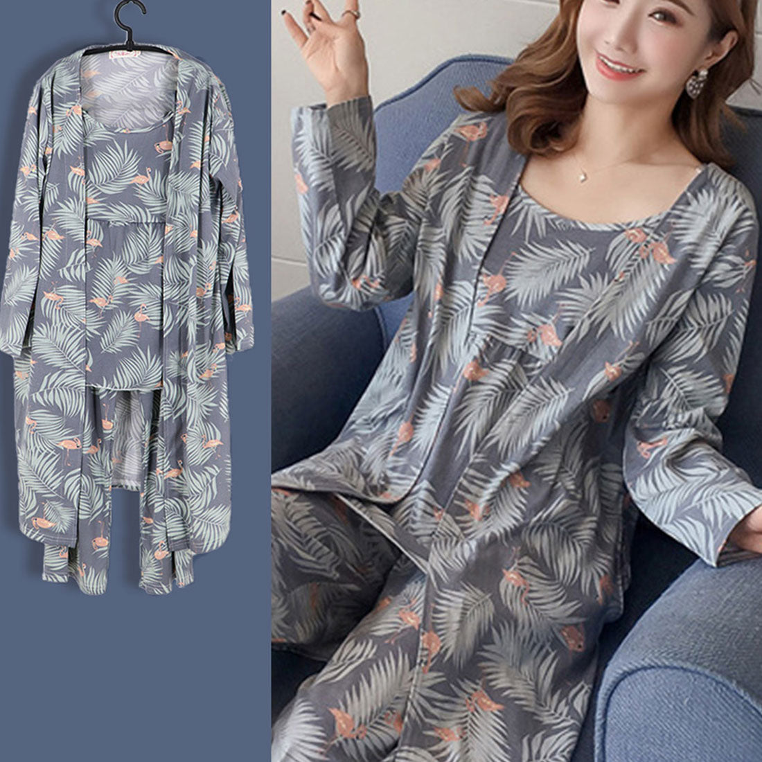 花柄ルームウェア 3点セット レディース,グレー
