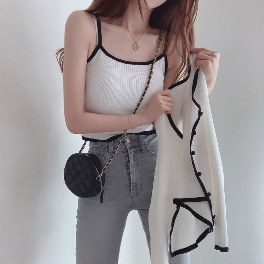 ニットカーディガン キャミ 2点セット ブラック