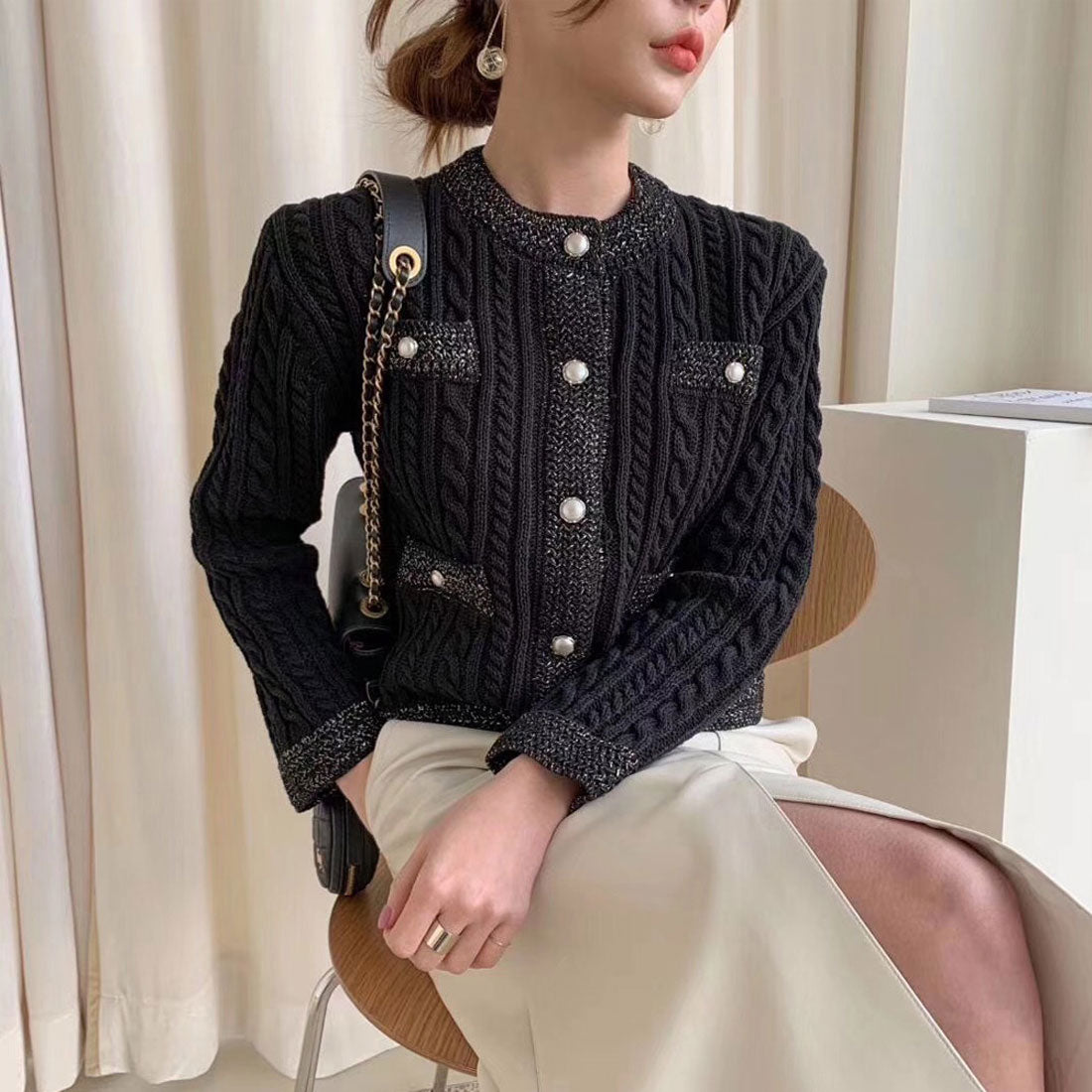 ニットカーディガン ケーブル編み 秋冬 ブラック