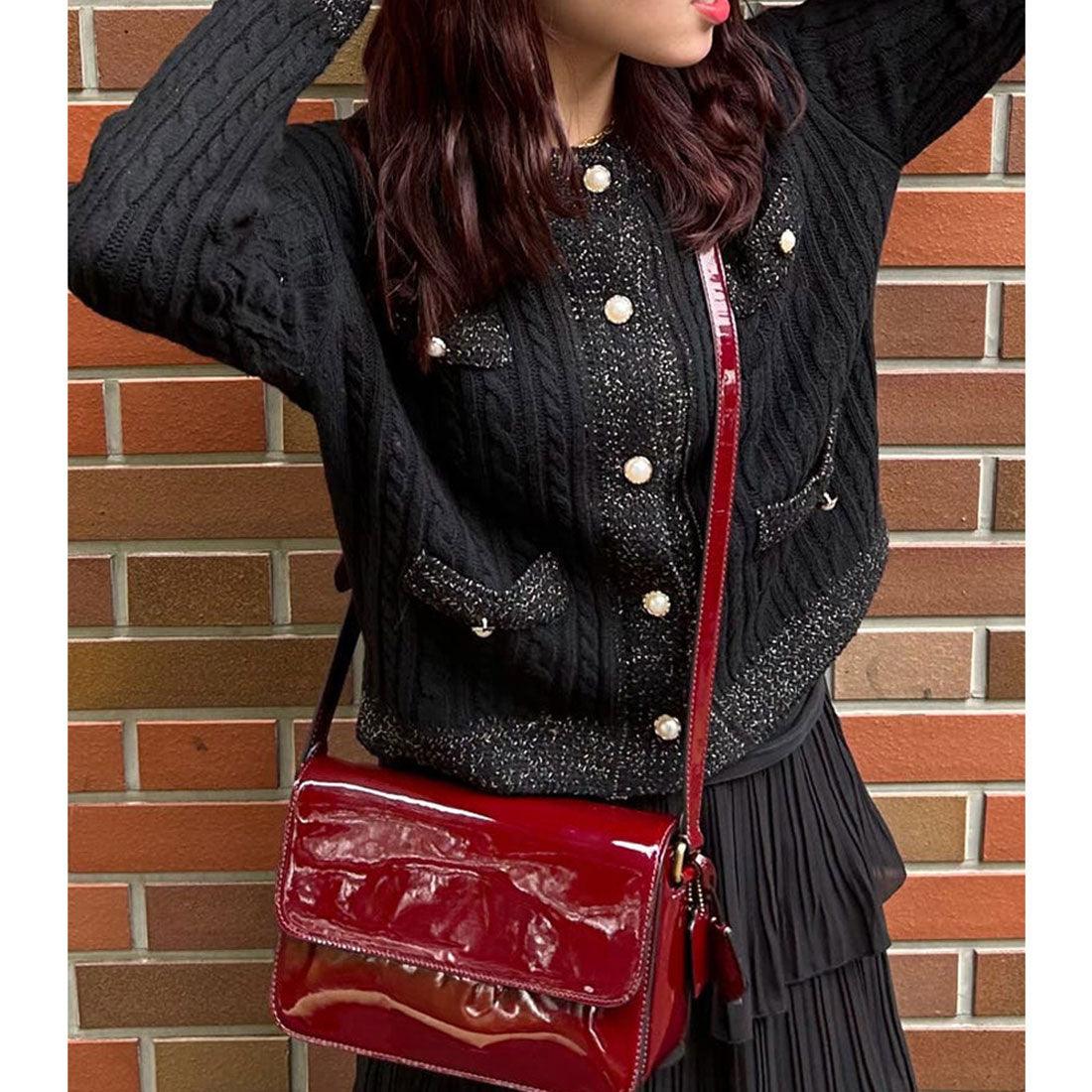 ニットカーディガン ケーブル編み 秋冬 ブラック