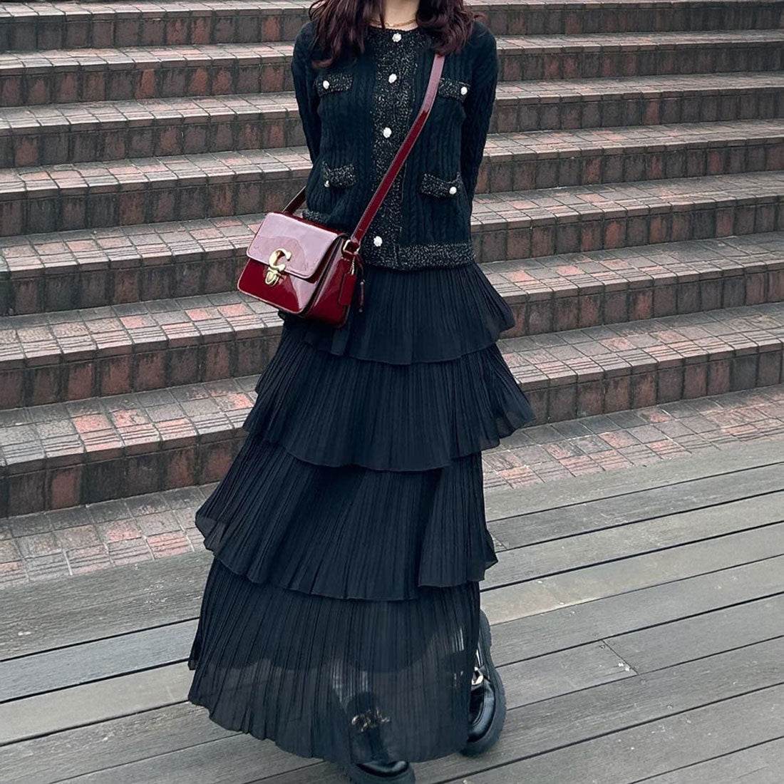 ニットカーディガン ケーブル編み 秋冬 ブラック