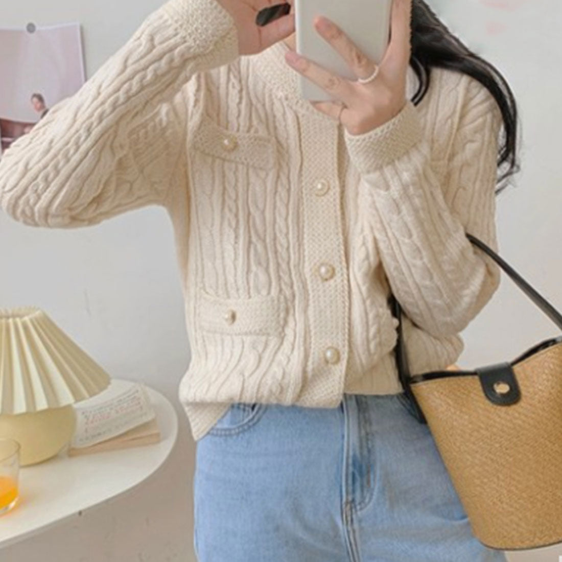 ニットカーディガン ケーブル編み 秋冬 ブラック