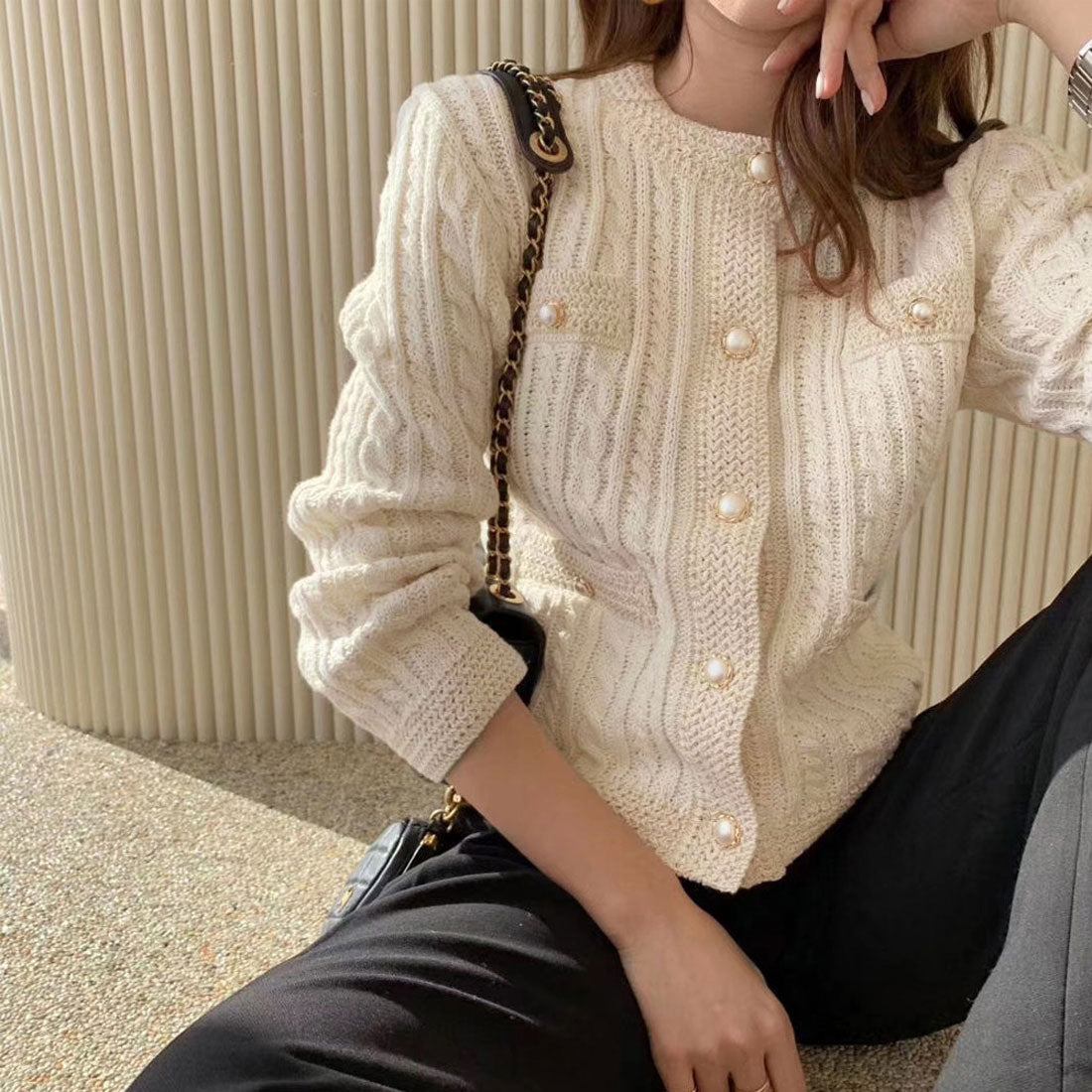 ニットカーディガン ケーブル編み 秋冬 ブラック